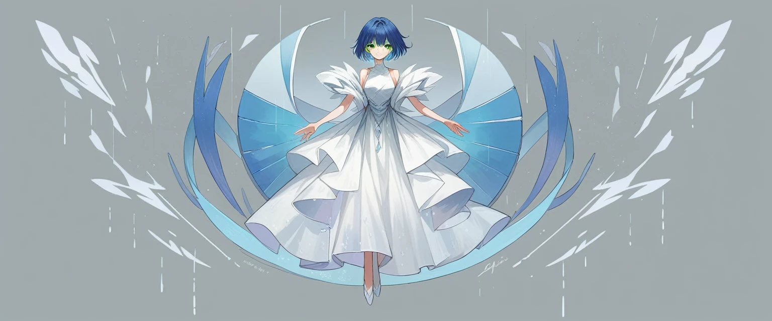 Ultra-precision,masterpiece, Highest quality,(((Full body portrait))),One Girl,Short bob hairstyle, Blue Hair、rain、beautiful girl,16-year-old girl,(look at me),Pretty face,((Short bob hairstyle, Blue Hair)),Long Hair,(Green Eyes),Detailed slanted eyes,Cool look,German style costume,Slim figure,Simple Background,
