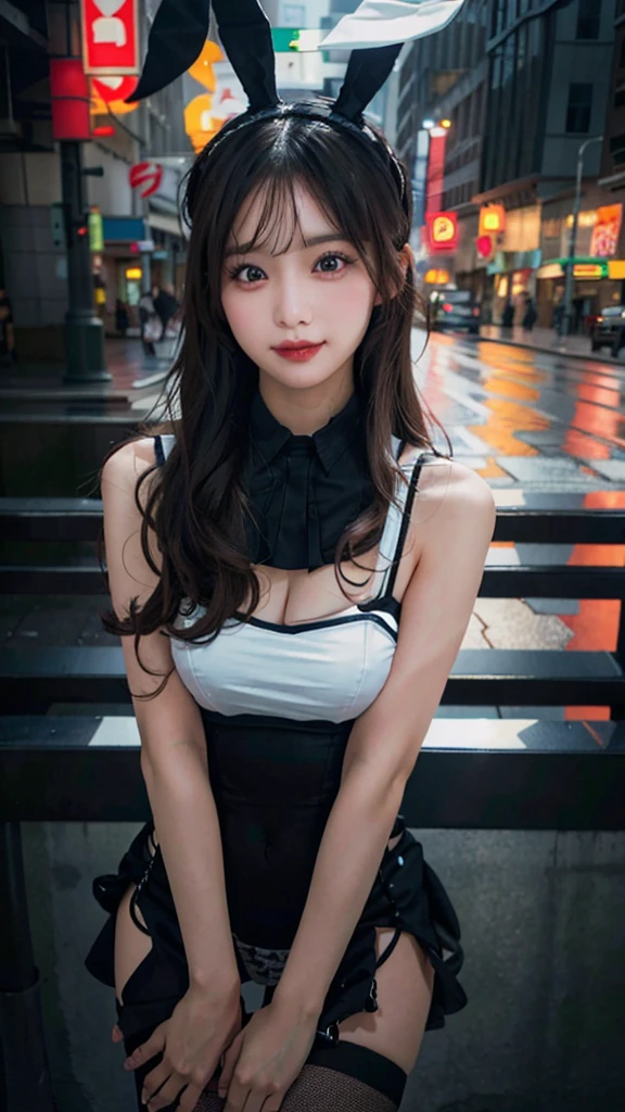 (RAW Photos: 1.2), Highest quality, Beautiful detailed girl, Bunny girl, smile, Highly detailed eyes and face, Beautiful attention to detail, Large file size, High resolution, High resolution, 8k wallpaper, The finer details, highly detailed ticker uniform 8k wallpaper, Light on the face, Cinema Lighting, 16-year-old girl, Sexy pose, (Photorealism: 1.4), figure, Surrealism, From below, Super detailed, masterpiece, Playboy Bunny, Fishnet tights,