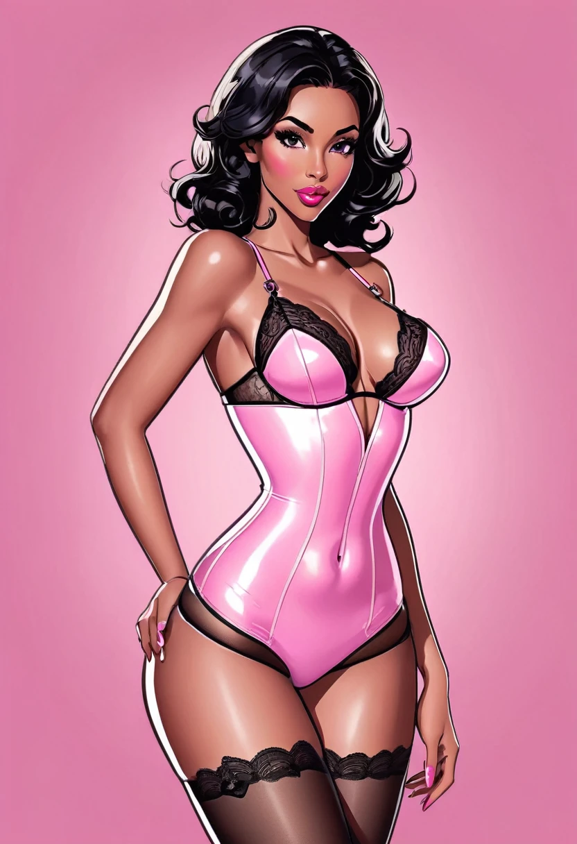  A sexy cartoon woman in pink lingerie posing gracefully for a photo, sexy lingerie beauty, wavy black hair, lingerie, inverted triangle body type, Waist slender, cebelos black sexy girl, mulher de corpo inteiro, wearing sexy lingerie, beautiful seductive woman, slender figure, cartoon vector style, corpo pin-up, Broad Hips