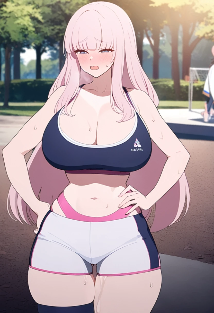  girl, erotic sports shorts, erotic sport bra, huge breast, thicc thigh, sweating, park scene, light pink hair, long hair, hime cut hair, deep cleavage