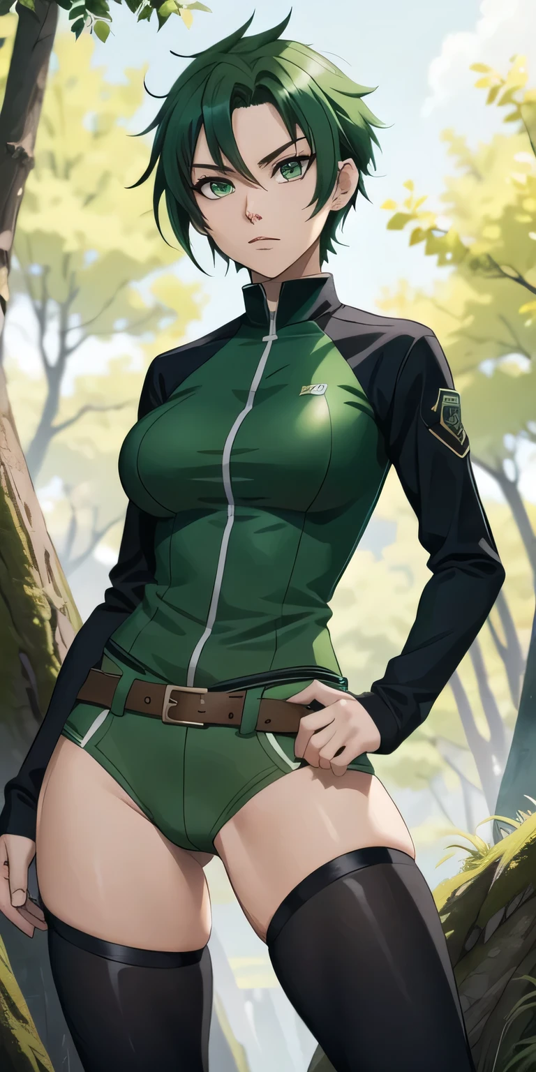 A fierce and independent ranger (anime waifu) with short green hair and piercing green eyes, who lives a life of adventure in nature