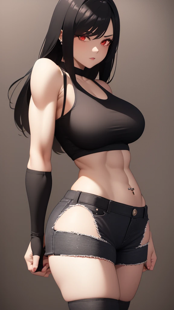 1 girl, muscular, black hair, red eyes, white skin, solo, shoulder length hair, curvy, very wide hips,  large ass, narrow waist, thick thighs, very huge breasts, black choker, black tank top, black jean booty shorts, sultry, navel piercing, midriff six-pack abs, visible cleavage
