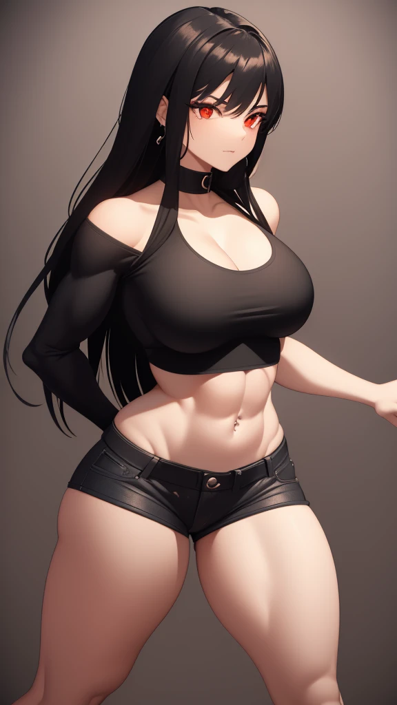 1 girl, muscular, black hair, red eyes, white skin, solo, shoulder length hair, curvy, very wide hips,  large ass, narrow waist, thick thighs, very huge breasts, black choker, black tank top, black jean booty shorts, sultry, navel piercing, midriff six-pack abs, visible cleavage
