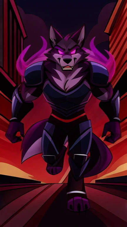 (masterpiece, best quality:1.2), Vortex hellhound, wolf, furry, hypnotized with glowing purple eyes, angry serious face, helluva boss, with combat armor, full body image, chasing, hell streets background
