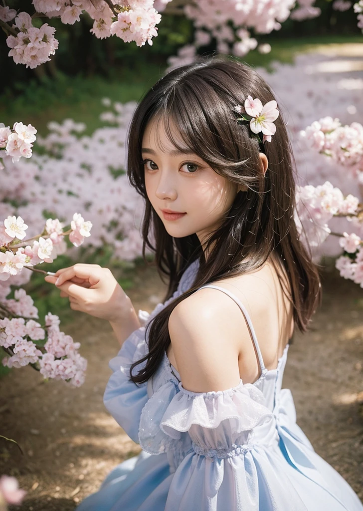 Side view, Supersaturation, Colorful, fairy tale, dream-like, , 8K resolution, Sequins, Sparkling, Cherry Blossom Forest, moonlight, Close-up portrait adorable,Too cute cat, Fine grain, Large, round, reflective eyes,Dreamland、pastel colour、pleasant to the touch、laugh、Princess Dress、22 years old、Japanese、Loose and fluffy hair、