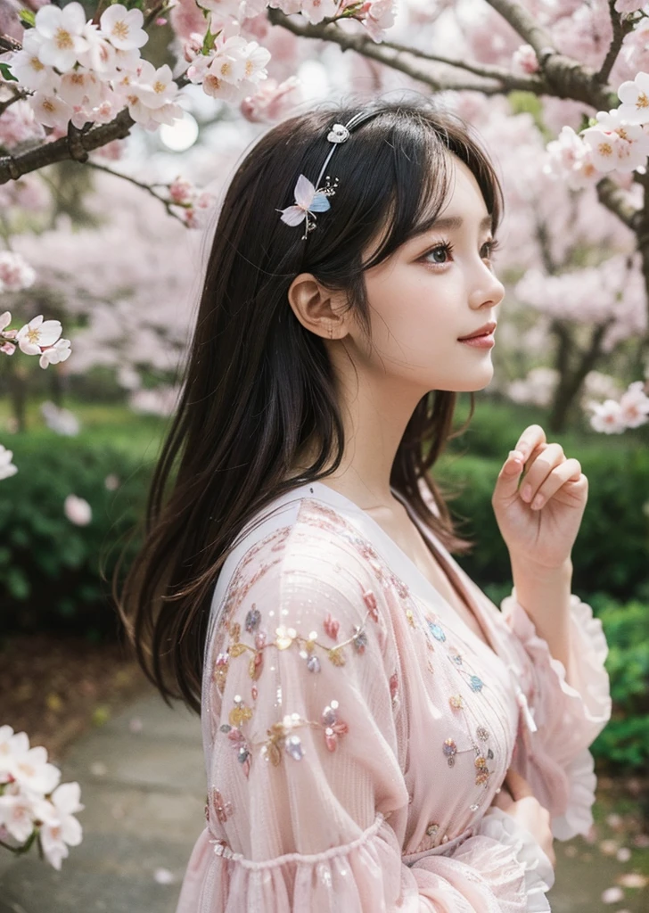 Side view, Supersaturation, Colorful, fairy tale, dream-like, , 8K resolution, Sequins, Sparkling, Cherry Blossom Forest, moonlight, Close-up portrait adorable,Too cute cat, Fine grain, Large, round, reflective eyes,Dreamland、pastel colour、pleasant to the touch、laugh、Princess Dress、22 years old、Japanese、Loose and fluffy hair、