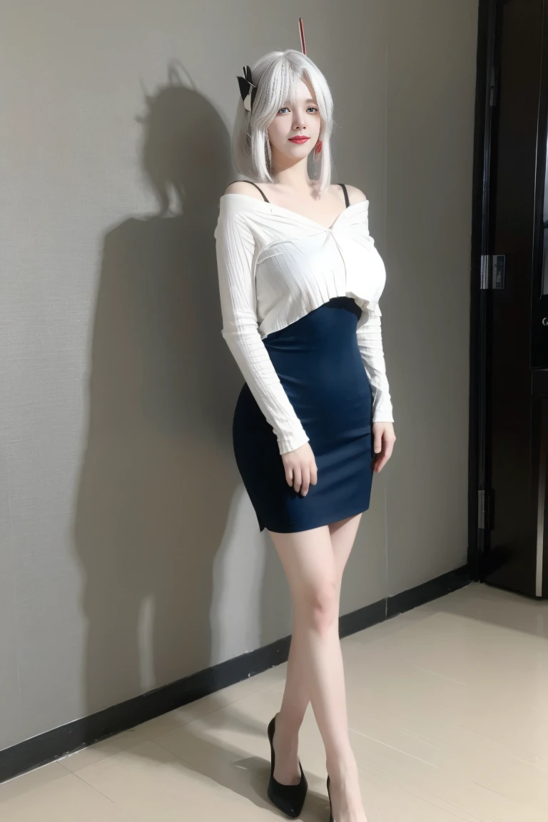 best quality, tmasterpiece,Ultra-high resolution,Clear face,(Reality:1.4),ferpect lighting,(full body), (photorealistic:1.50), anime wallpaper, Guviz style artwork, cover-up fantasy up to magic , by Yang J, Guviz, beautiful artwork illustration, beautiful digital artwork, beautiful digital illustration, Li Song, beautiful anime portrait, art style in Beauvot, 1girl, 独奏, bangs, One braid hair, (white hair), Hair covers one eye, hair ornament, Earring, Blush, red cheeks, blue eyes, Double eyelids, Long sleeve white t-shirt, Bare shoulders, (super Giant breast:1.5), (shagging breasts:1.3), Short pencil skirt, Black skirt, standing, room, Background inside the house, looking at viwer, smile, Slim body, Arms behind back,