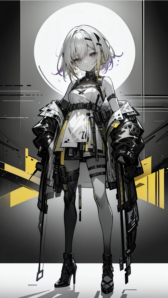 1 girl, short yellow hair, cyberpunk, Alice in Wonderland, black high heels, hand in pocket, best quality, 4k, 8k, highres, masterpiece:1.2, ultra-detailed, realistic, photorealistic, photo-realistic:1.37, HDR, UHD, studio lighting, ultra-fine painting, sharp focus, physically-based rendering, extreme detail description, professional, vivid colors, bokeh, concept art