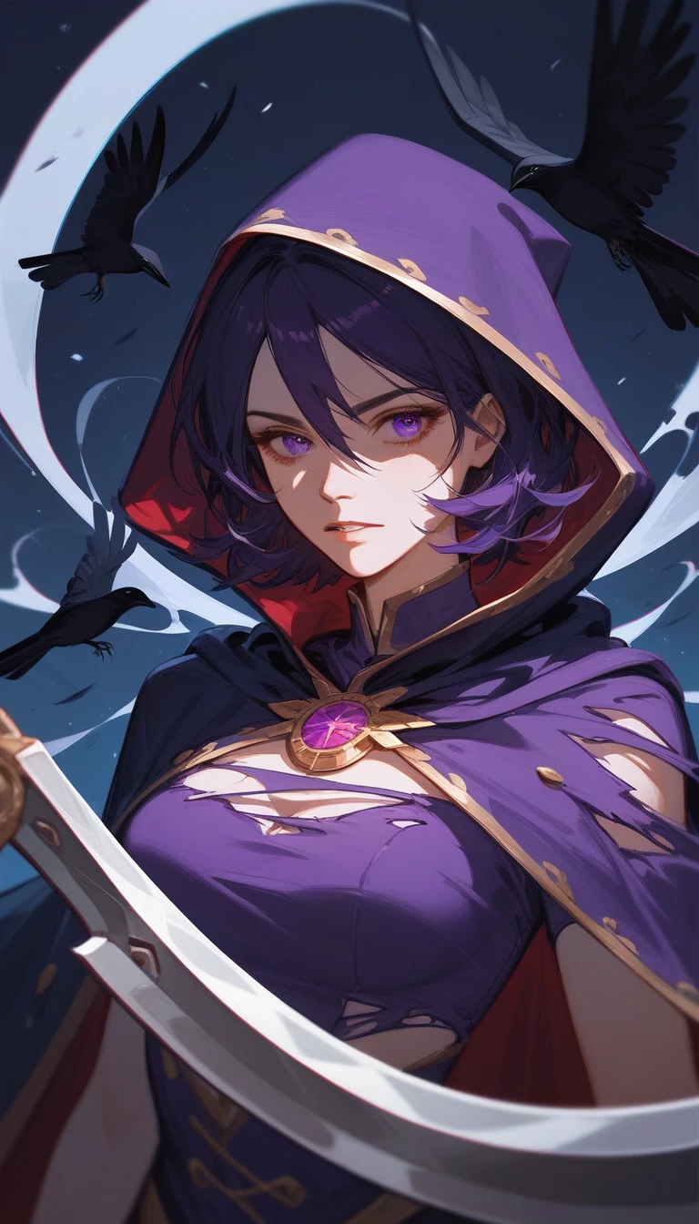 (Fraction_9,Fraction_8_Direction_7_up),1 Woman,(((bust))), Ghost Wizard, Holy Necromancer Portrait,With a cloak,Eyes shine,Torn Cloak,sickle,crow,Black and purple clothes,Dark gold decoration,