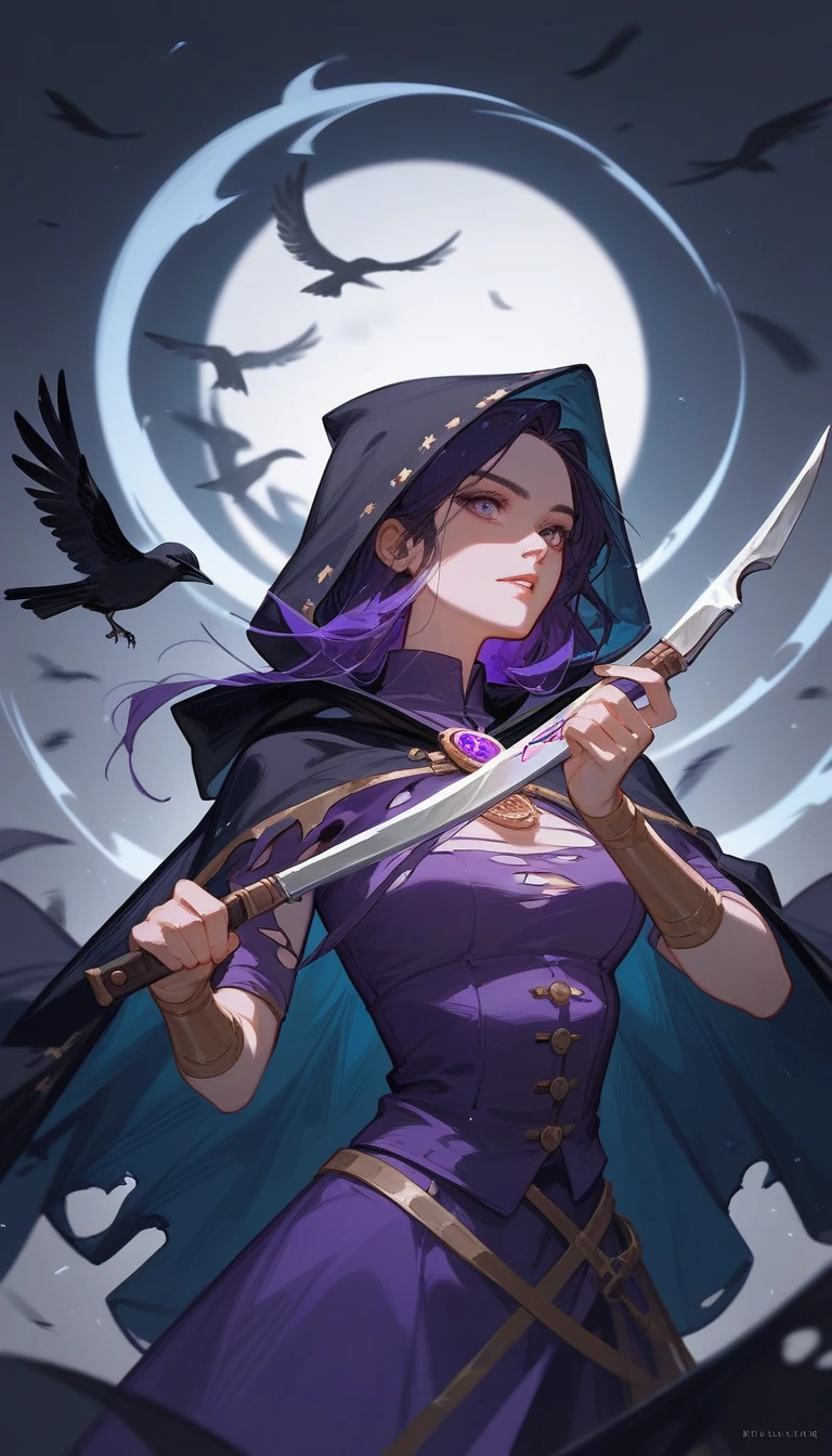 (Fraction_9,Fraction_8_Direction_7_up),1 Woman,(((bust))), Ghost Wizard, Holy Necromancer Portrait,With a cloak,Eyes shine,Torn Cloak,sickle,crow,Black and purple clothes,Dark gold decoration,