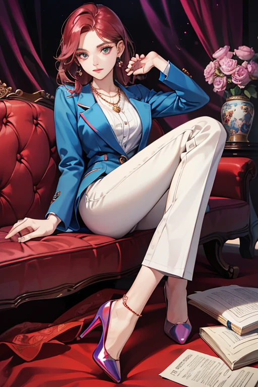 She wears a cuffed moderate blue blazer with a deep purple button and lining. Underneath, she wears a moderate mulberry-colored blouse. She has rose gold earrings. Around her neck, she has a gold chain necklace with a pale, light grayish-green five-petaled flower charm. She also wears a white watch on her right wrist, white jeans, and ankle-length deep scarlet high-heeled red shoes. SPARKLE; GLITTER