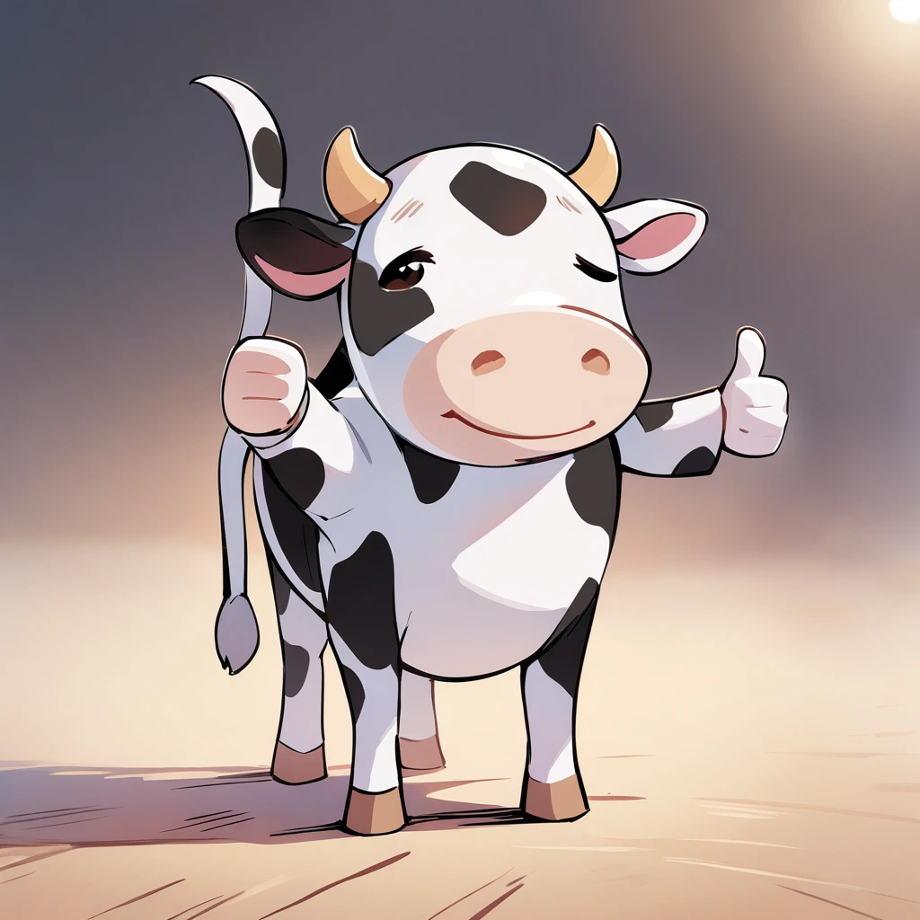 (masterpiece, best quality:1.2), Cute cow, Solitary，stand up，The cow that gives a thumbs up，Comic style cow