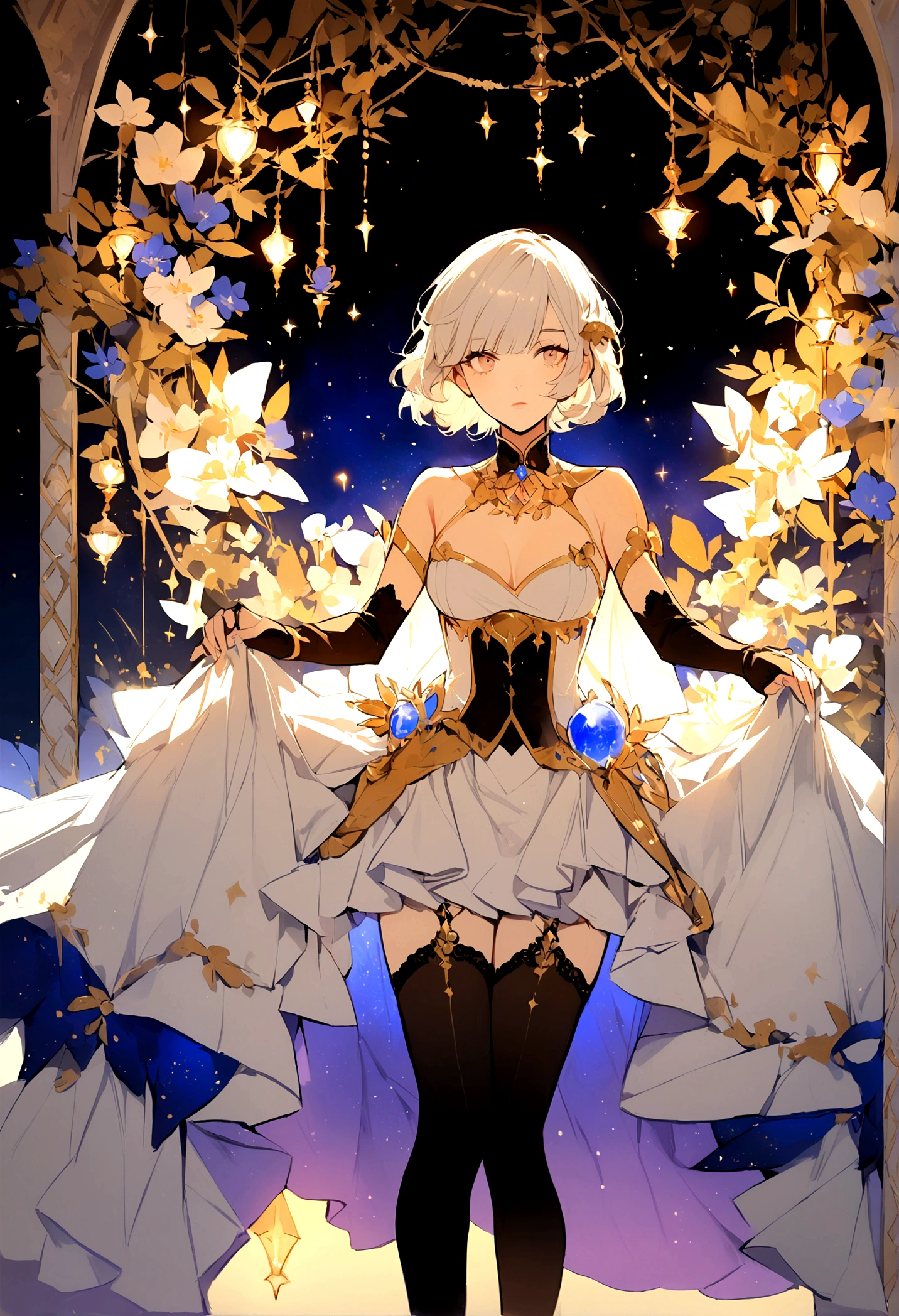 girl,by rubio,short hair,white bodice, White skirt, black stockings