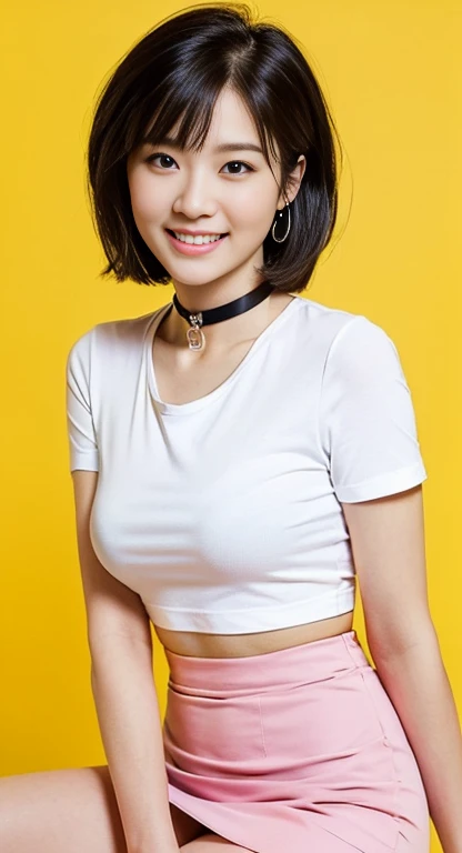 (A Gorgeous Lady, age 25, White T-shirt & Pink Pencil Skirt, BlackPink Choker, natural pose, dimpled smile, short_bob_hair_side_bangs, cute snaggletooth, well-endowed round bosom, photorealistic, beautiful detailed eyes, hyper-realism, high contrast, ultra HD, realistic skin textures, top image quality, top-quality, super high resolution, fine details, very meticulously, head_to_knees, High_Angle_Shot, simple yellow background)