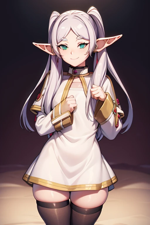 new, naughty smile, elf ears , perverted , black tights , numa pose y, taking the dress and showing the pan