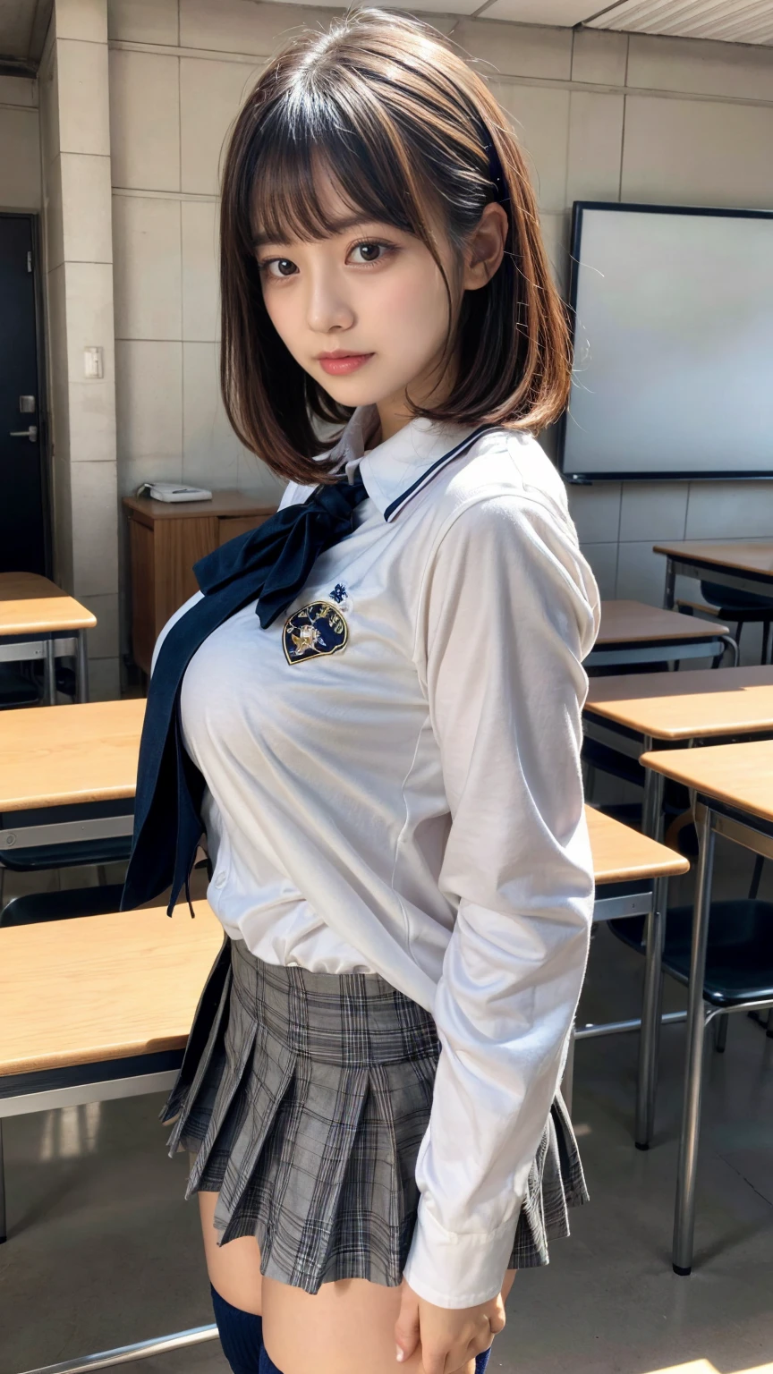 masterpiece, best quality, illustration, Super detailed, fine details, High resolution, 8K,wall paper, perfect dynamic composition,(Details High quality, realistic depiction of eyes:1.3), from side, High School Classroom、High school girl uniform、blazer 、Super Short Check Uniform Skirt、Navy blue high socks、garterbelts、Colossal tits、Disturbed uniform, short bob hair, black hair color, large breasts, Big Natural Color Lip, bold sexy pose, (perfect body shape), crying a little、cold gaze, Harajuku style、20 year old girl、cute type, beautiful legs, hposing Gravure Idol, Voluptuous thighs