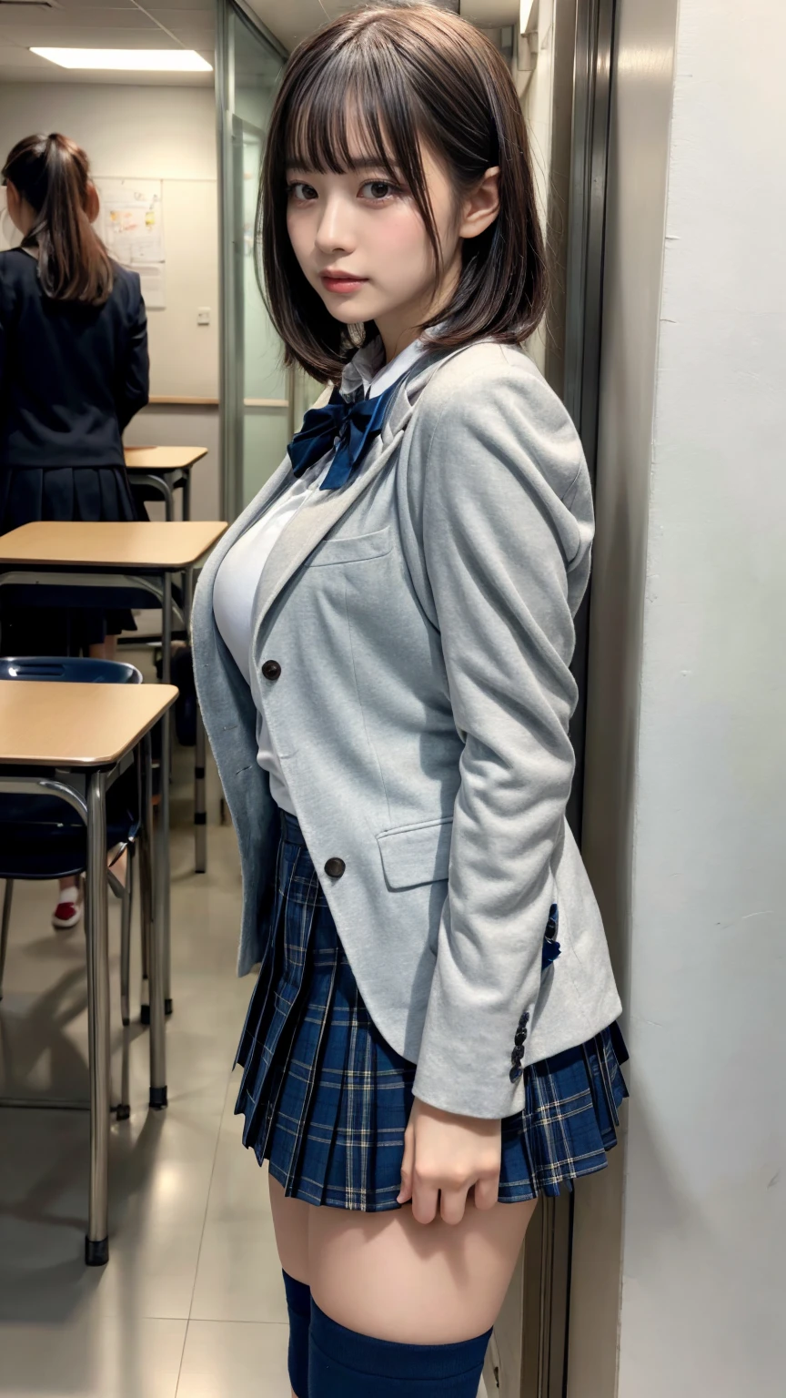 masterpiece, best quality, illustration, Super detailed, fine details, High resolution, 8K,wall paper, perfect dynamic composition,(Details High quality, realistic depiction of eyes:1.3), from side, High School Classroom、High school girl uniform、blazer 、Super Short Check Uniform Skirt、Navy blue high socks、garterbelts、Colossal tits、Disturbed uniform, short bob hair, black hair color, large breasts, Big Natural Color Lip, bold sexy pose, (perfect body shape), crying a little、cold gaze, Harajuku style、20 year old girl、cute type, beautiful legs, hposing Gravure Idol, Voluptuous thighs
