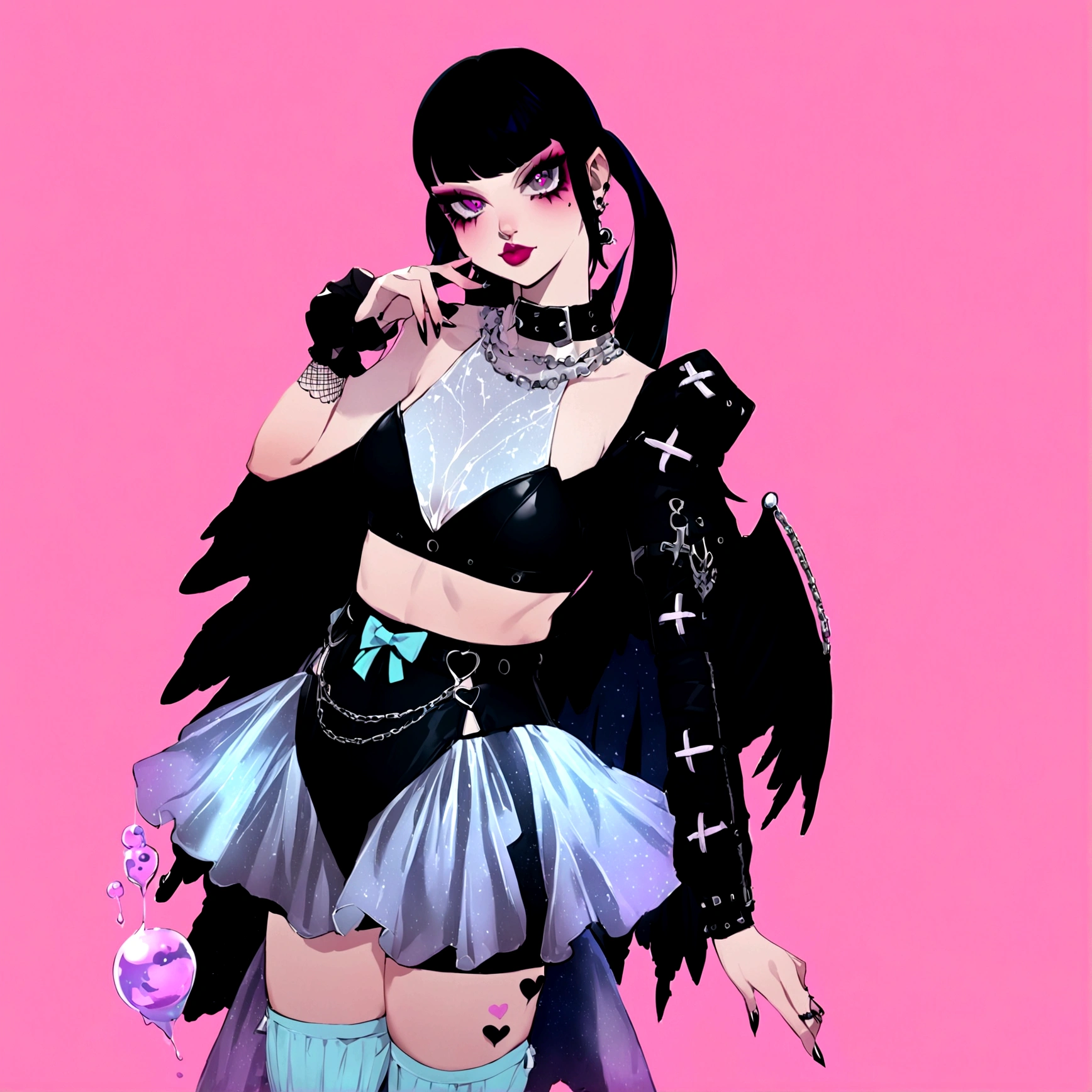 there is a woman in a costume that is standing up, inspired by Awataguchi Takamitsu, bubble goth, glitchpunk girl, pastel goth, morrigan, inspired by Jin Homura, goth girl, spellcasting pose, dollpunk, dressed in punk clothing, glamorous tifa lockheart, dressed in crustpunk clothing