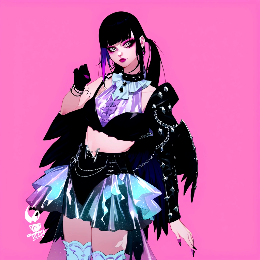 there is a woman in a costume that is standing up, inspired by Awataguchi Takamitsu, bubble goth, glitchpunk girl, pastel goth, morrigan, inspired by Jin Homura, goth girl, spellcasting pose, dollpunk, dressed in punk clothing, glamorous tifa lockheart, dressed in crustpunk clothing