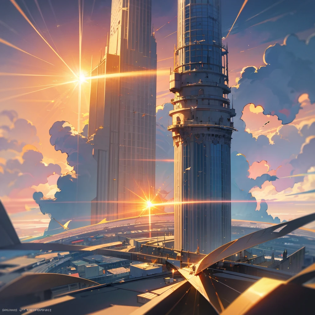 Infinite tower, Shattered glass, Low Pov, Reaching avobe clouds, Sun bright behind tower