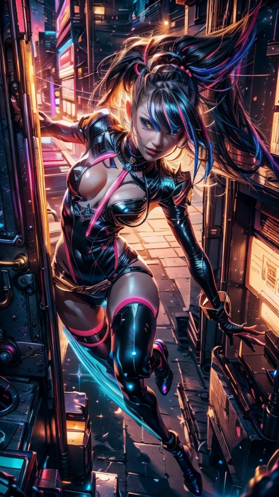 An ultra-realistic and ultra-detailed, Extra- Vibrant, (Legendary Vivid Neon Multicolored Psychedelic Masterpiece), ((full body portrait)), Running, (Dynamic Angle), best quality, (Angled View), 1girl, She is a Gorgeous Magical Alchemist, a very noble Caucasian lady, ringed silver eyes, Calm, half closed eyes, thin body, slim waist, small breasts, (bare legs), Awesome Black Hair, a confident smile, ((HOLDING A GORGEOUS COLORFUL RAINBOWLUMINESCENT GALAXY IN HER HANDS)), Celestial Star Map, highly detailed expensive wizard's skirt, Running, beautiful, dramatic, backlighting, night, midnight, (Multitude Of Stars), beautiful fantastic night view, (ultra-detailed, finely detailed beautiful eyes and face), high resolution, 8k UHD, perfect anatomy, perfect fingers, Highly detailed scenery, Highly detailed background, perspective, depth of field, atmospheric