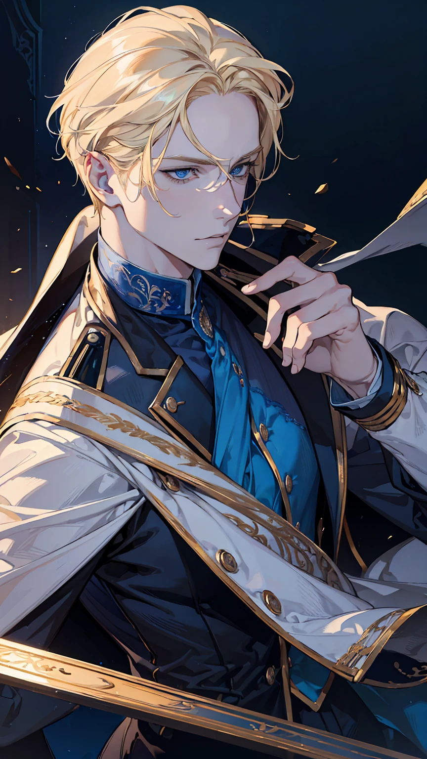 a handsome young man with blonde hair and blue eyes, wearing an academy uniform, detailed facial features, dynamic pose, realistic lighting, cinematic composition, rich color palette, highly detailed, photorealistic, masterpiece, muscular, full body