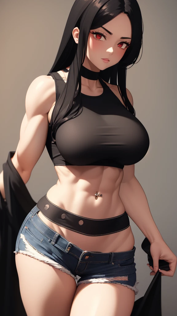 1 girl, muscular, black hair, red eyes, white skin, solo, shoulder length hair, curvy, very wide hips, large ass, narrow waist, thick thighs, very huge breasts, black choker, black tank top, black jean booty shorts, sultry, navel piercing, midriff six-pack abs, visible cleavage