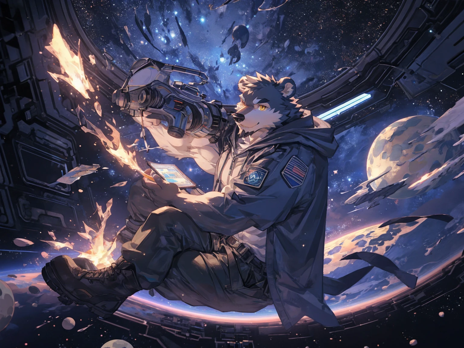 (masterpiece:1.2), best quality,pixiv,official art,perfect anatomy, (Ray tracing, light),solo, (1_male:1.3) , (muscle), (grey fur:1.4), (muscle bear), (beard:1.2), (gleaming golden eyes), bear tail, full body, Thick black eyebrows,(open hooded parka), (naked inside), (cargo pants:1.2), boots , (in the space:1.3) , star , planet , earth , asteroid , character floating