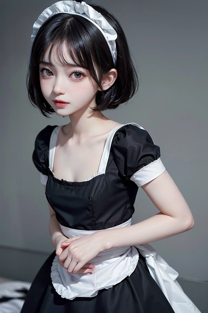 Highest quality, masterpiece, look up, cute,(((Beautiful maid girl))),((Small breasts)),,(Maid clothes),Black Hair,Bobcut,Beautiful Style,((Pale skin)),Sensual look,Embarrassed,Sexy expression,Expressions of delight