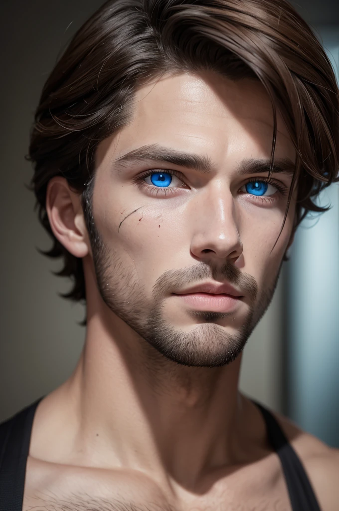 Unbeatable masterpiece, Ultra photo realsisim, very handsome man with heterochromia having one blue eye and the other black with a scar on his face zade meadows