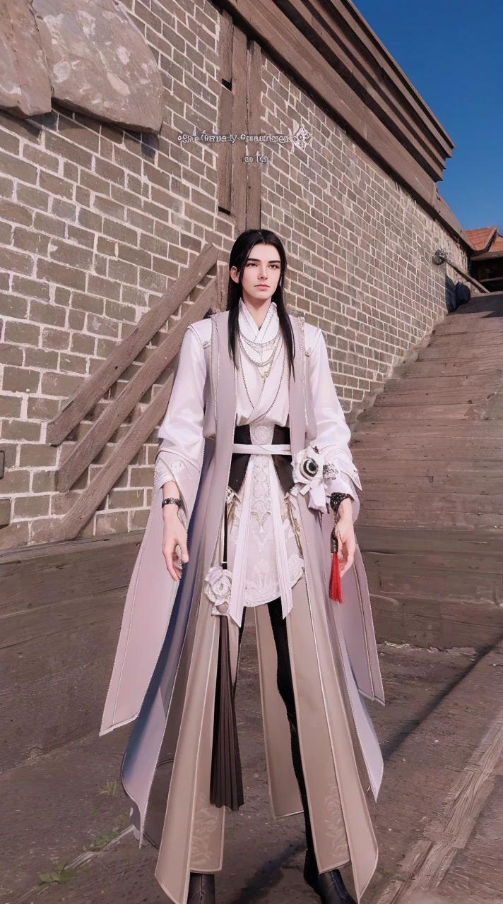 High Frequency: 1.8, Rich Detail, Masterpiece, 8K, a man standing in a royal white shirt, long black hair, 3D, super detail, HD.