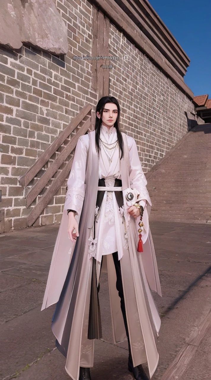 High Frequency: 1.8, Rich Detail, Masterpiece, 8K, a man standing in a royal white shirt, long black hair, 3D, super detail, HD.