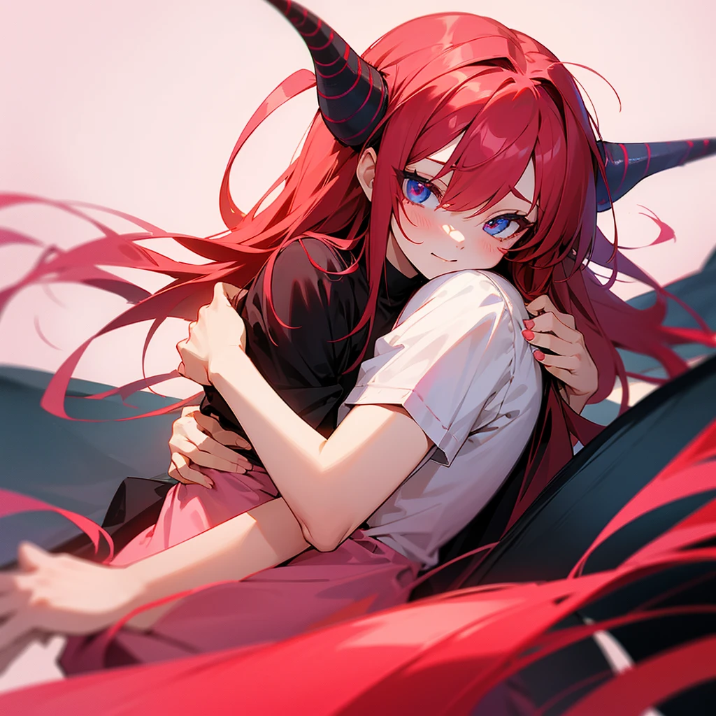 Red haired girl red eyes red horns with a pink haired blue eyes hugging banged and small