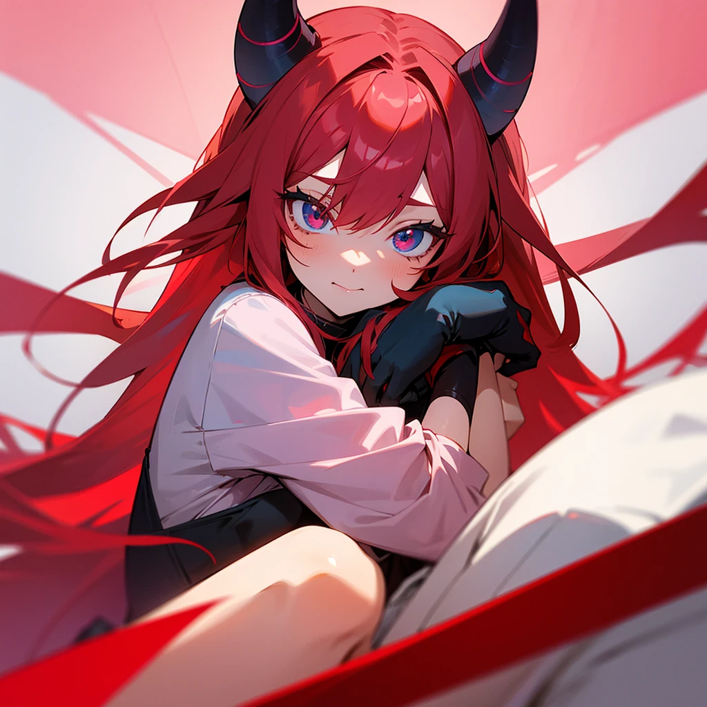 Red haired girl red eyes red horns with a pink haired blue eyes hugging banged and small