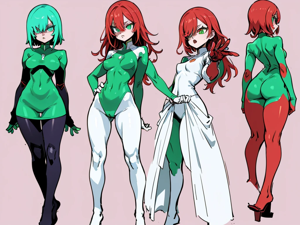 ((full bodyesbian)), (Simple background), ((multiple views)), ((High resolution)), (simple background), (white backgrounid:1.3), 1girl, muscular frame with thick, skin with glowing circuits in green or red, red or green but glowing eyes, multicolored hair, hair over one eye, skinsuit dress futuristic dress and pantyhose, stands in a challenging pose, hands on hips, exuding a terrifying yet captivating presence, with a full-body representation.