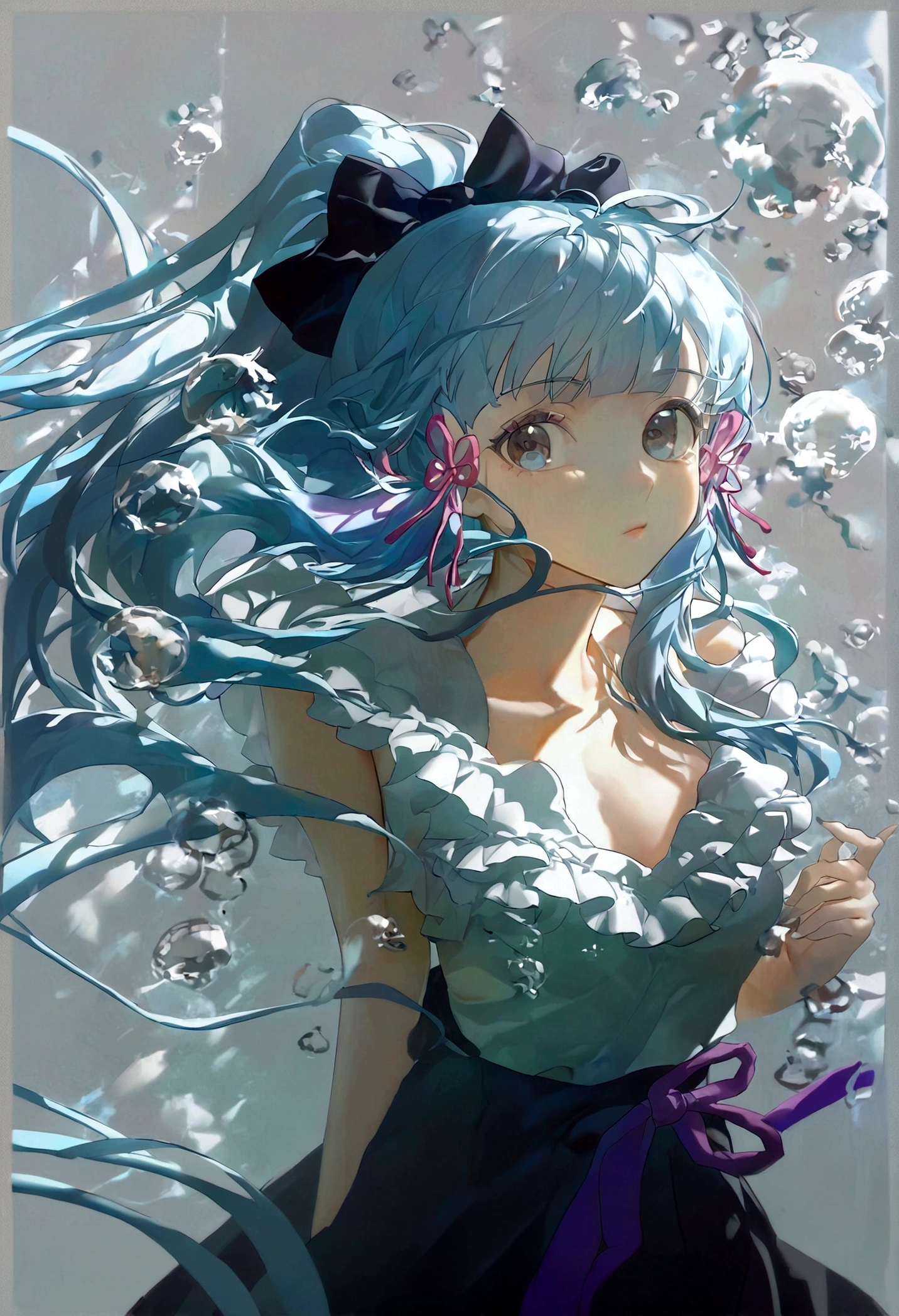 (masterpiece), (best quality), (ultra detailed),(disheveled hair),(illustration), (1girl), (Fashionable clothing), standing, Fashion model, looking at viewer, (interview), (simple background),beautiful detailed eyes, delicate beautiful face, Floating,(high saturation),(colorful splashes),colorful bubble,(shining), focus on face,  ponytail, kamisato ayaka, light blue hair, bangs, hair ring, floating flowers, floating hairs, (shining), best lighting, best shadow,