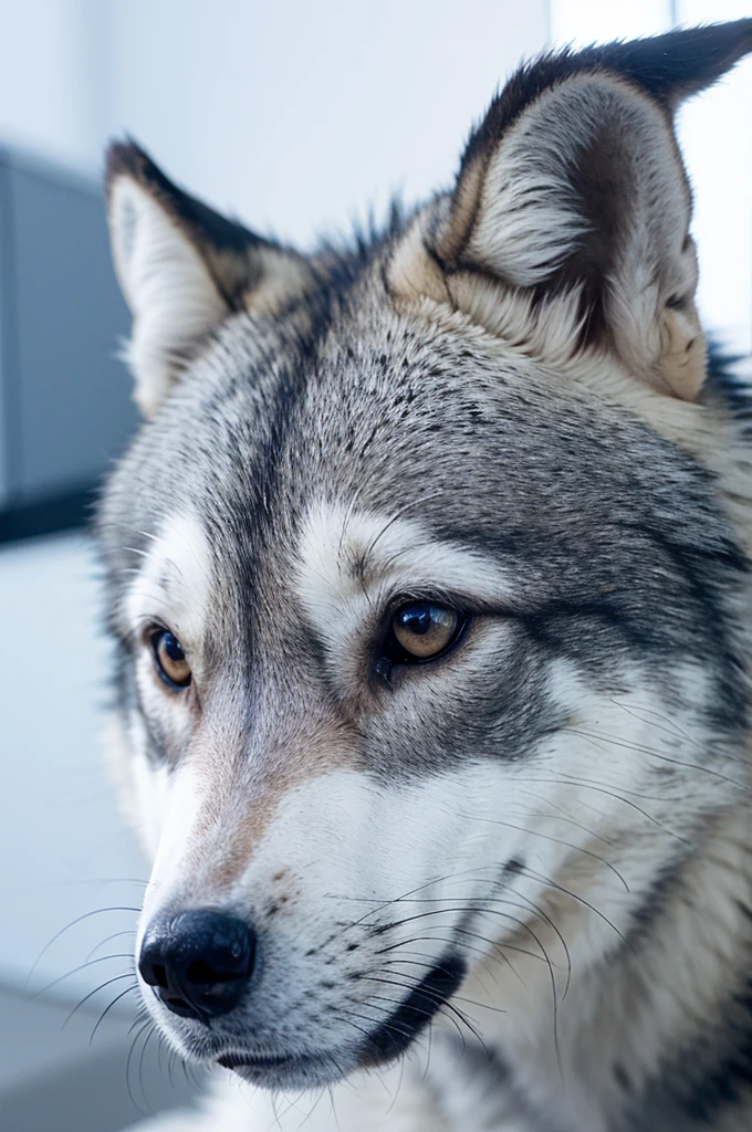 it is logo, wolf with gray and white color , right eye blue , left eye black , cool ,designable