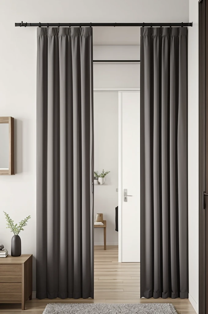 Closet de 1.60 high by 1.20 long with fabric curtain doors and along with a 1-inch gray wooden piece of furniture..80 for 0.80 wide with two doors