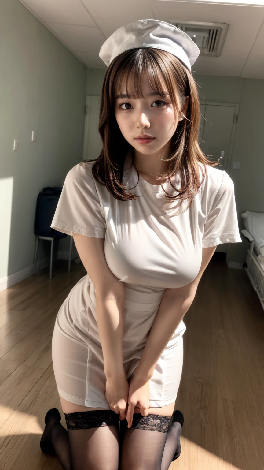 muste piece, best quality, illustration, Super detailed, fine details, High resolution, 8K,wall paper, perfect dynamic composition,(Details High quality, realistic depiction of eyes:1.3), Hospital Rooms、White nurse cap、White tights、White nurse uniform、kneeling、Hand skirt、Flipping up a white skirt, large breasts,short bob hair, black hair color, Big Natural Color Lip, bold sexy pose, crying a little、20 year old girl、cute type、beautiful legs, hposing Gravure Idol, standing