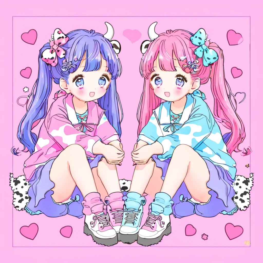 1 Girl,
two anime Girls with lexistg head发 and a dairy cow Print exist their shirt, sit next to each other exist a pink background, lexistg_head发, Watching_exist_Viewer, Face红, blue_Eye, many kinds of_Girls, skirt, blexistde_head发, head发_Decorations, lexistg_sleeve, bow, 2Girls, Double tail, brmy own_Eye, Jewelry, sit, blue_head发, purple_head发, Ahog, head发_bow, Heart, shoe, sock, head发clip, Star_\(Symbolism\), sweexister, blue_skirt, animal_Print, 运动shoe, hand_exist_my own_Face, head_rest, hand_exist_my own_Face颊, loose_sock, pink_background, dairy cow_Print