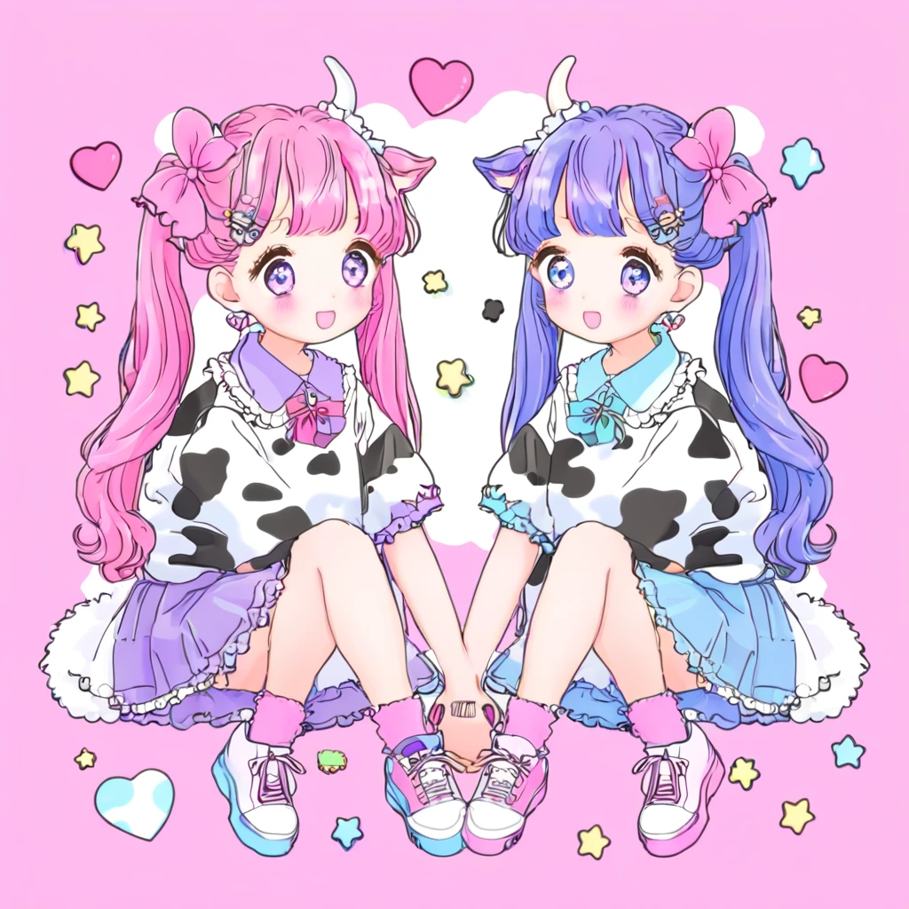 1 Girl,
two anime Girls with lexistg head发 and a dairy cow Print exist their shirt, sit next to each other exist a pink background, lexistg_head发, Watching_exist_Viewer, Face红, blue_Eye, many kinds of_Girls, skirt, blexistde_head发, head发_Decorations, lexistg_sleeve, bow, 2Girls, Double tail, brmy own_Eye, Jewelry, sit, blue_head发, purple_head发, Ahog, head发_bow, Heart, shoe, sock, head发clip, Star_\(Symbolism\), sweexister, blue_skirt, animal_Print, 运动shoe, hand_exist_my own_Face, head_rest, hand_exist_my own_Face颊, loose_sock, pink_background, dairy cow_Print