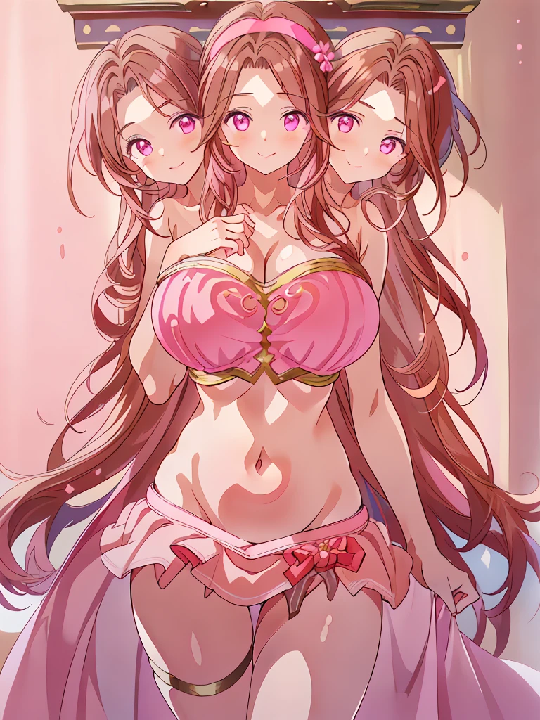 (masterpiece, best quality), best resolution, (3heads:1.5), 1girl, brown hair, flowing hair, smiling, soft smile, open belly, pink-dark pink crop top, dark pink miniskirt, open breasts, huge tits, sexy pose, beautiful eyes, headband, brown eyes, alluring presence, beautiful eyes, detailed eyes,