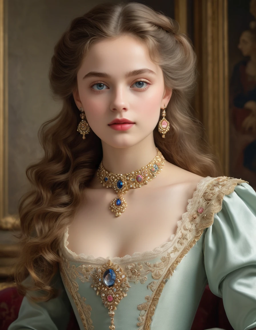 (best quality,4k,8k,highres,masterpiece:1.2),ultra-detailed,(realistic,photorealistic,photo-realistic:1.37),portrait,painting,pastels,personalized masterpiece,18th century,Russian,aristocratic,girl,noble daughter,14 years old,extremely beautiful,face,expressive eyes,delicate nose,luscious lips,porcelain skin,rosy cheeks,flowing curls,silky dress,stately posture,fine jewelry,embroidered lace collar,grand background,opulent interior,faint golden light