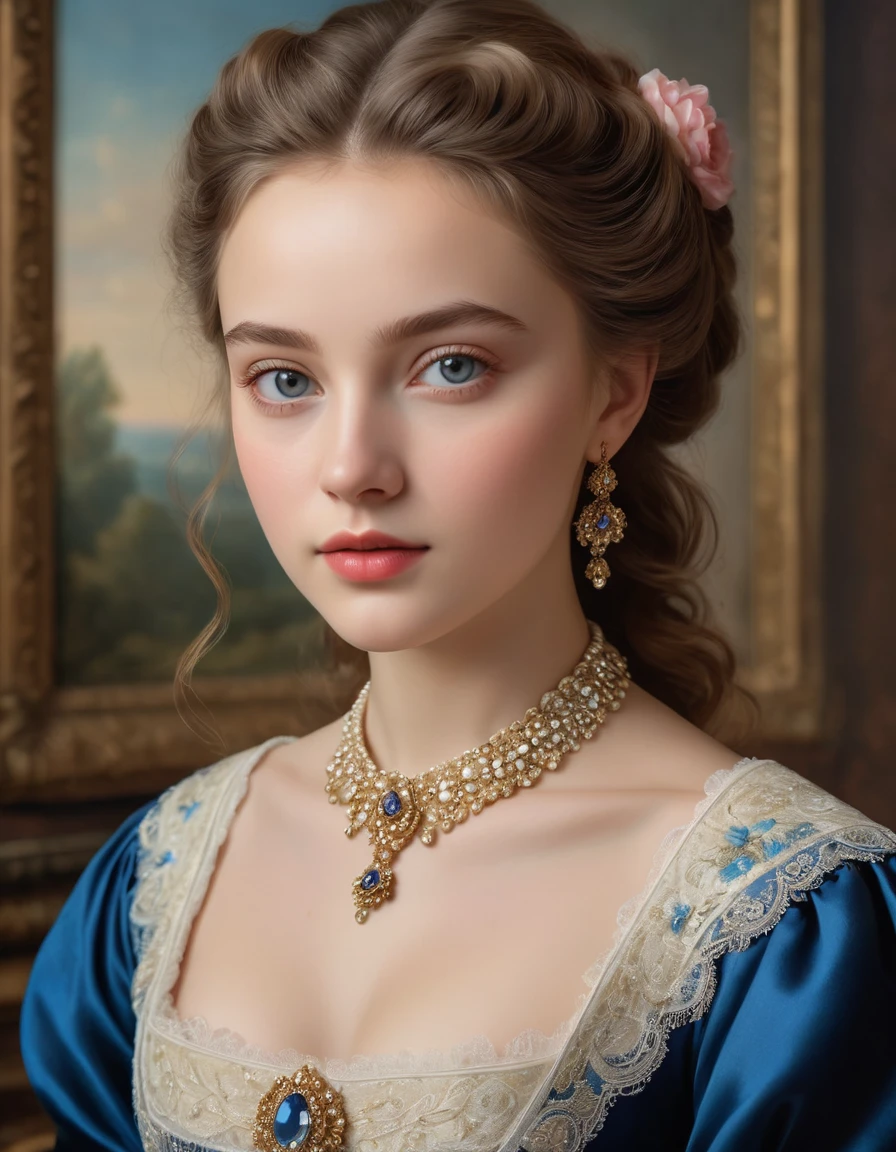 (best quality,4k,8k,highres,masterpiece:1.2),ultra-detailed,(realistic,photorealistic,photo-realistic:1.37),portrait,painting,pastels,personalized masterpiece,18th century,Russian,aristocratic,girl,noble daughter,,extremely beautiful,face,expressive eyes,delicate nose,luscious lips,porcelain skin,rosy cheeks,flowing curls,silky dress,stately posture,fine jewelry,embroidered lace collar,grand background,opulent interior,faint golden light