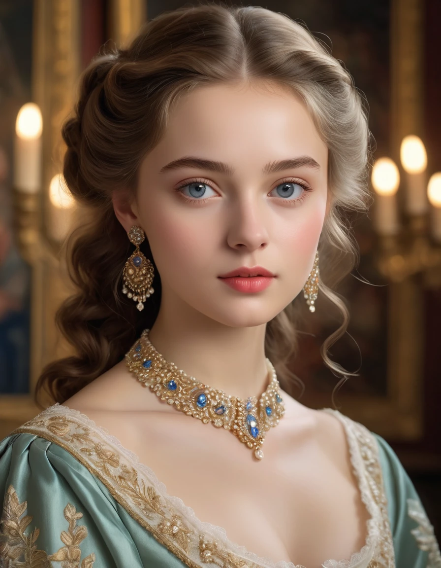 (best quality,4k,8k,highres,masterpiece:1.2),ultra-detailed,(realistic,photorealistic,photo-realistic:1.37),portrait,painting,pastels,personalized masterpiece,18th century,Russian,aristocratic,girl,noble daughter,14 years old,extremely beautiful,face,expressive eyes,delicate nose,luscious lips,porcelain skin,rosy cheeks,flowing curls,silky dress,stately posture,fine jewelry,embroidered lace collar,grand background,opulent interior,faint golden light