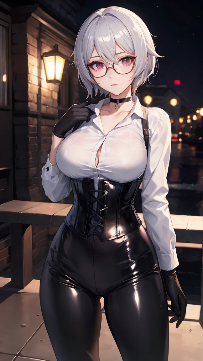 Masterpiece, Beautiful art, professional artist, 8k, detailed body, Very detailed face, very detailed eyes, Detailed clothing, detailed fabric, Best Quality, better resolution, 1 girl, bronya zaychik \(Honkai Impact 3rd\), front view, standing, big breasts, serious expression, At night , silver hair, glasses, choker:1.6, (white collar button down long sleeve shirt), (shiny black corset), black gloves that cover your hands, (shiny black leggings), looking at the viewer, elegant room, At night