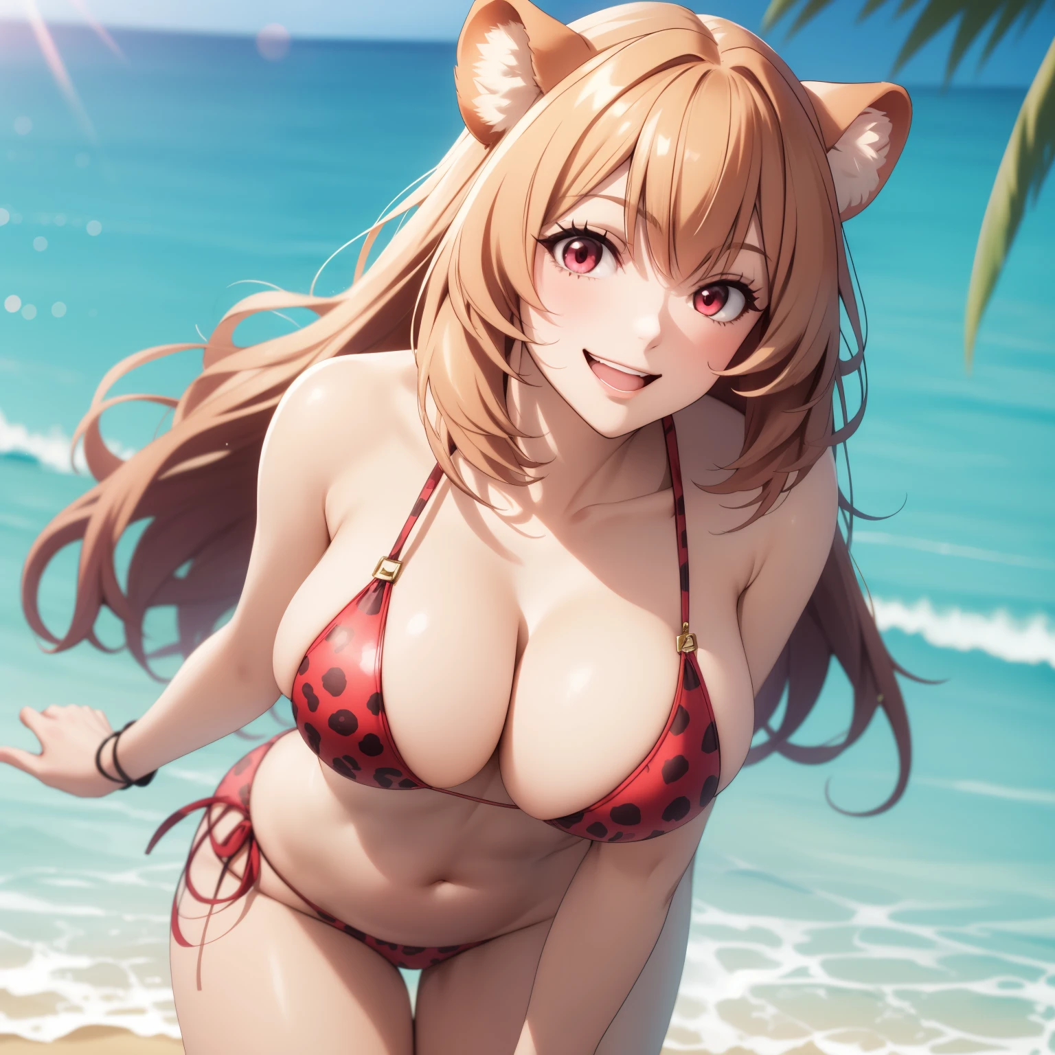 Raphtalia woman 24 years old, blond hair, Blonde , round bear ears, red eyes like ruby., big breasts, bikini rosado con diseño de leopardo,  background a tropical beach. perfect hands. happy smile.1 single woman, Alone woman., bikini rosado con diseño de leopardo