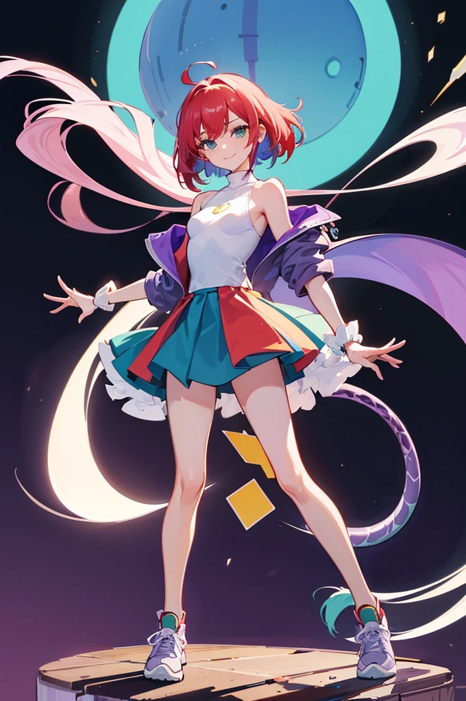 Lively standing posture,absurd, ultra detailed, masterpiece, best quality, Aesthetic, detailed, Solitary, Smile, 1 Girl, Aqua eyes, Double tail, 长度中等的Double tail, 有点乱的Double tail,Hair between the eyes, Bangs, crossed Bangs, Messy hair, Small Breasts, Shut up,Sleeveless shirt, Open coat, turtleneck, Purple sneakers, Half-taken off purple coat, Card issuance, Girl,Green Hair,thin,Thin legs,Charming pose,Sexy,Sexy,Red hair accessories,Ball between legs,Red and white ball,clown女,clown妆容,Purple skirt,Blue skirt,Ultra-clear,Ultra-clear,Looking at the camera,Full body portrait,Small breasts,Height 150cm,cute,Exaggerated smile,Six-headed body,Petite,slim,a beautiful Girl,Thin waist,clown,Ball between legs,Emerald green underwear