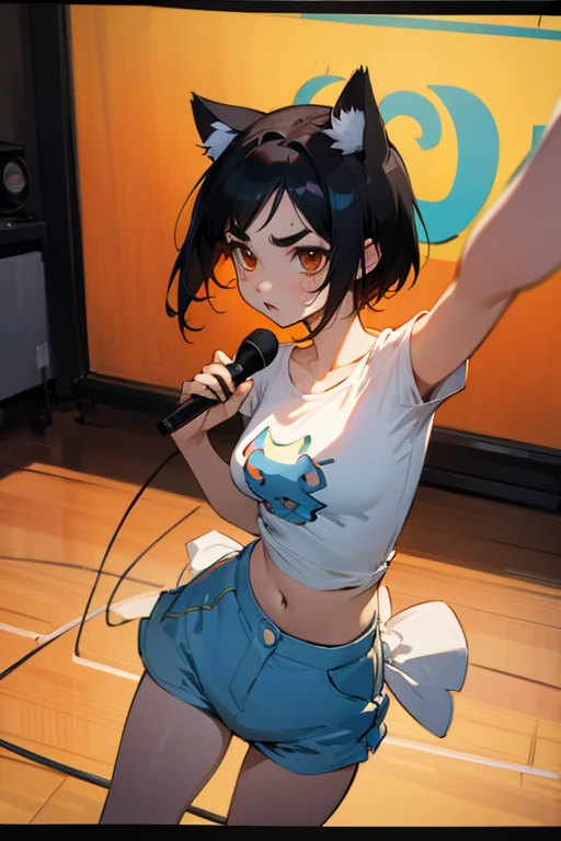 anime style,artistic, masterpiece,best quality,ssuper detailed,super fine illustration, highly detailed, dynamic angle, beautiful detailed, 8k,detailed background, On a summer afternoon, in a music studio, BREAK a female is dancing  . She is wearing a white T-shirt with a graffiti art-style cat illustration.Break very short hair,flat chest,black  hair,red-eyes,(full-face brasched:1.3),perfect hands,perfect fingers,Tsurime ,thick eyebrows,(holding microphone in right hand:1.3),headset,pov,perfect legs,cool,cat years,(LoRA:0.7),,