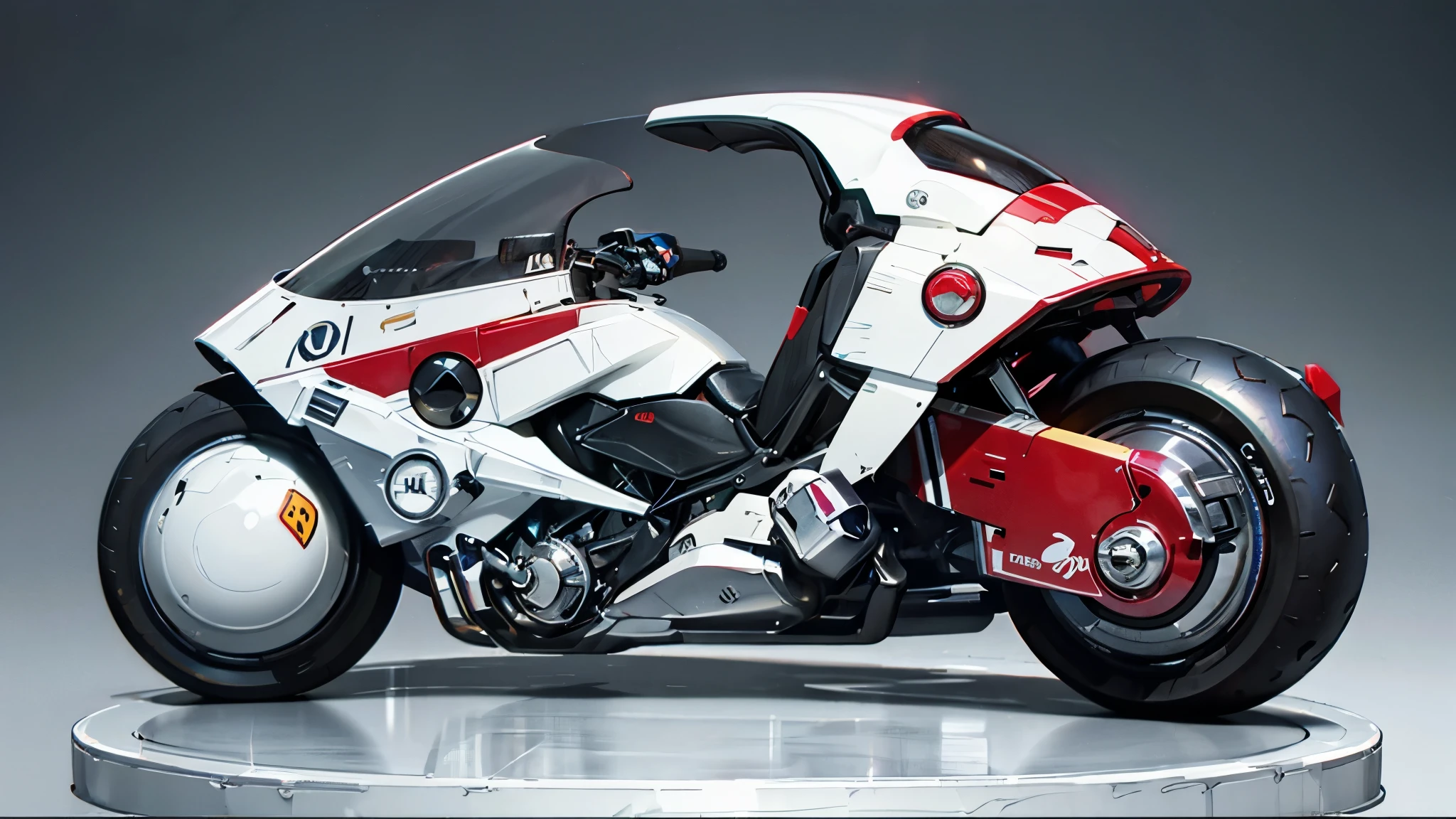 Placed right next to、Photographed from a 60 degree angle、White metallic bike、Highest quality、Masterpiece、Simple Background